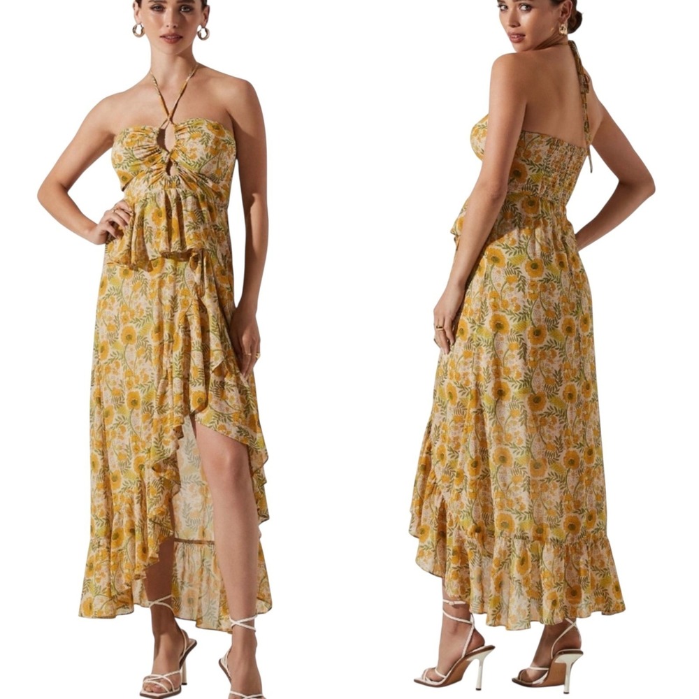 ASTR the Label Maxi Dress Womens XS Yellow Floral Halter Boho Tier Ruffle Flirty